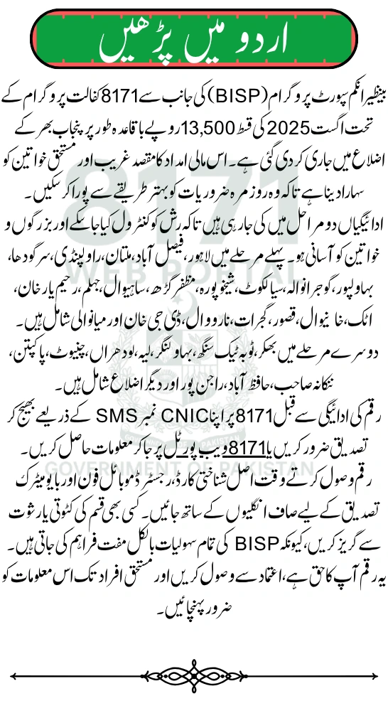 BISP 8171 August 2025 Rs. 13,500 Payments – Punjab Districts Schedule Announced