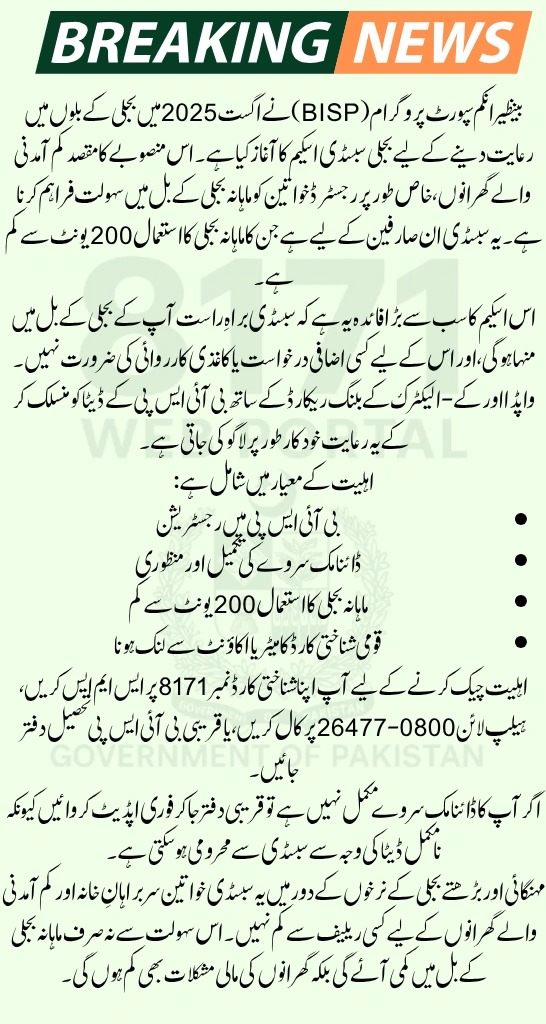BISP Electricity Subsidy August 2025 – Monthly Bill Discount for Families Using Less Than 200 Units