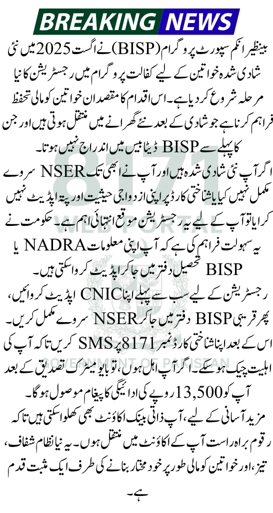 BISP Kafalat Program for Newly Married Women – August 2025 Registration Process